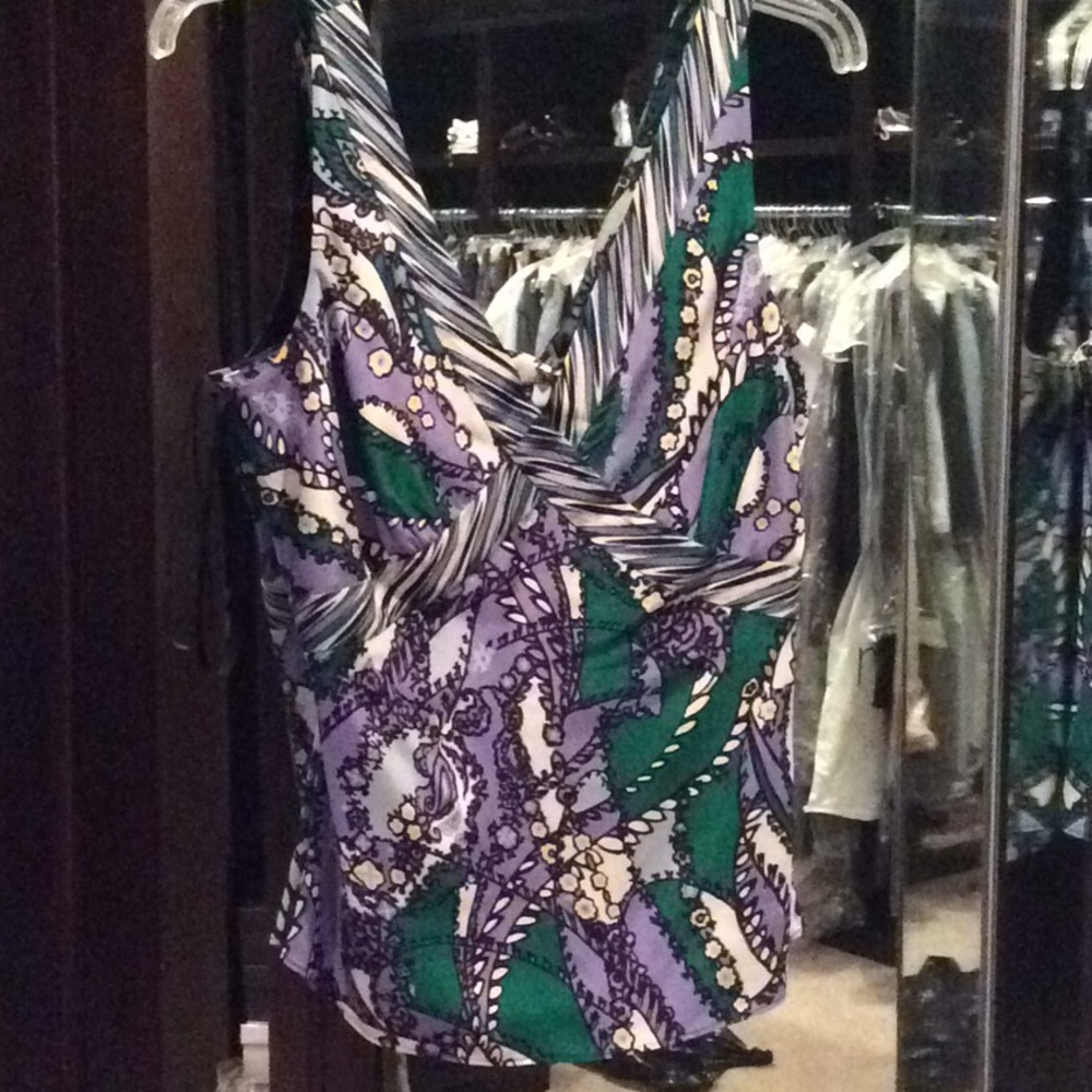 Tahari silk green, purple top, vneck, small, nwt, - Picture 2 of 3